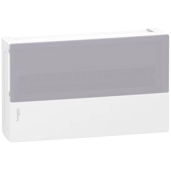 SCHNEIDER ELECTRIC RESI9 MP Kiselosztó, tejüveg hatású átlátszó ajtó, falon kívüli, 1x18 modul, PEN sín, fehér (MIP12118T)