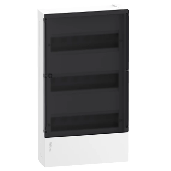 SCHNEIDER ELECTRIC RESI9 MP Kiselosztó, füstszínű átlátszó ajtó, falon kívüli, 3x12 modul, PEN sín, fehér (MIP12312S)