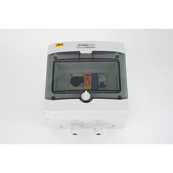 SOLAR doboz, szerelt, AC 1 fázis védelemmel, 1500V DC, IP65, 200x200x120 mm, átlátszó ajtó (SD-AC1F-20A-T2T3)