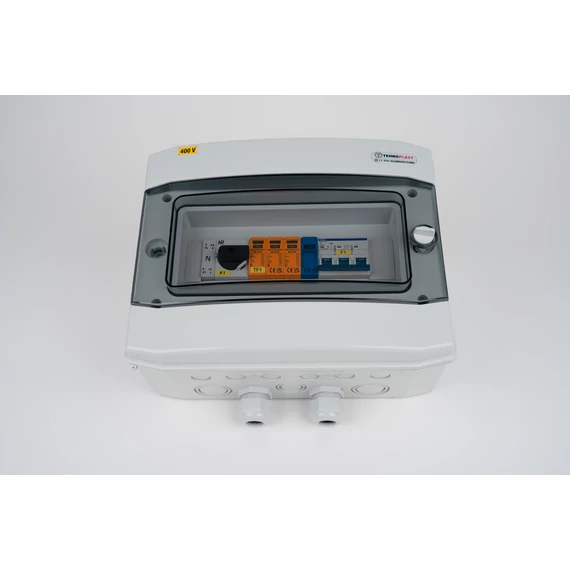 SOLAR doboz, szerelt, AC 3 fázisú védelemmel, 1500V DC, IP65, 318x258x142 m, átlátszó ajtóval (SD-AC3F-32A-T2T3)