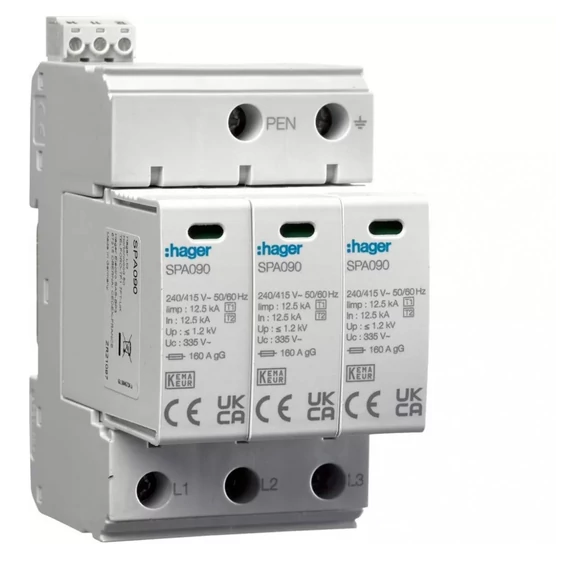 HAGER B+C Túlfeszültség-levezető 3P. Dugaszolható, állapotjelző, távjelzős, 1,5kV, 37,5kA, TNC (4,5modul) (SPA930)