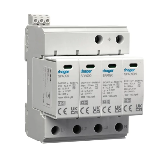 HAGER B+C Túlfeszültség-levezető 4P. Dugaszolható, állapotjelző, távjelzős, 1,5kV, 50kA, TNS/TT (6modul) (SPA931)