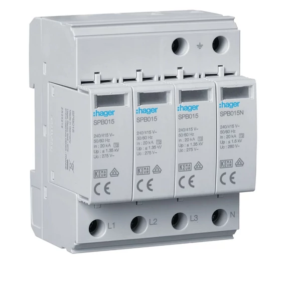 HAGER Túlfeszültség-levezető, II típus (C osztály) 4P, cser.betétes, 40kA, 1,25kV, TT/TNS (SPB413)
