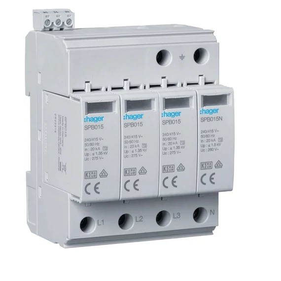 HAGER Túlfeszültség-levezető, II típus (C) 4P, cser.betétes, 40kA, 1,25kV, TT/TNS, távjelző (SPB415)