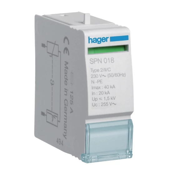 HAGER Túlfeszültség-levezető tart. betét, T2 40kA, 255V, 1,5kV véd. Szint (Kifutó típus) (SPN018)
