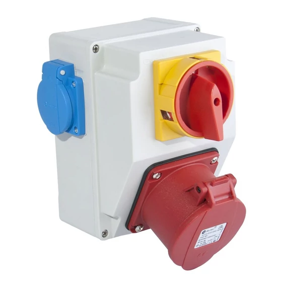 TP ELECTRIC Szerelt ipari doboz 120×170mm IP44 aljzat 5x16A (75x75)x1 + kapcsoló + kék dugalj 2 (TP-3317-002-5001H)