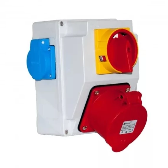TP ELECTRIC Szerelt ipari doboz 120×170mm IP44 aljzat 5x32A (75x75)x1+kapcsoló+kék dugalj 2 (TP-3317-002-7001H)