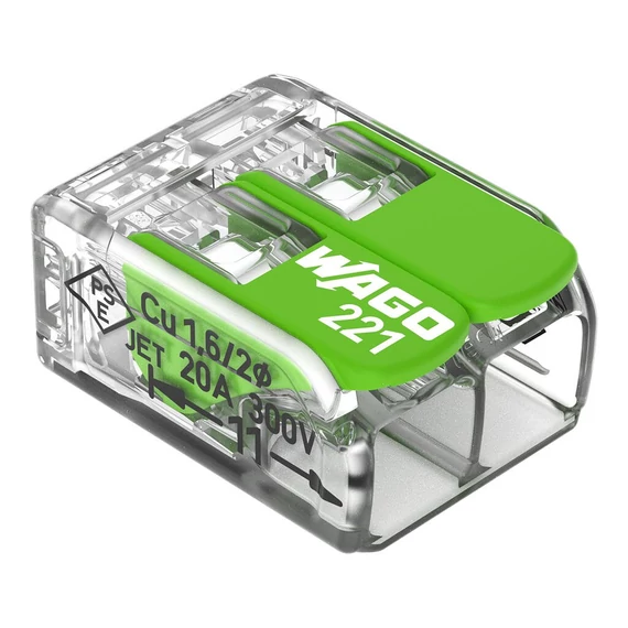 WAGO GREEN Vezeték összekötő 2x0.2-4mm2 minden vezetéktípushoz, karos, áttetsző (221-422)