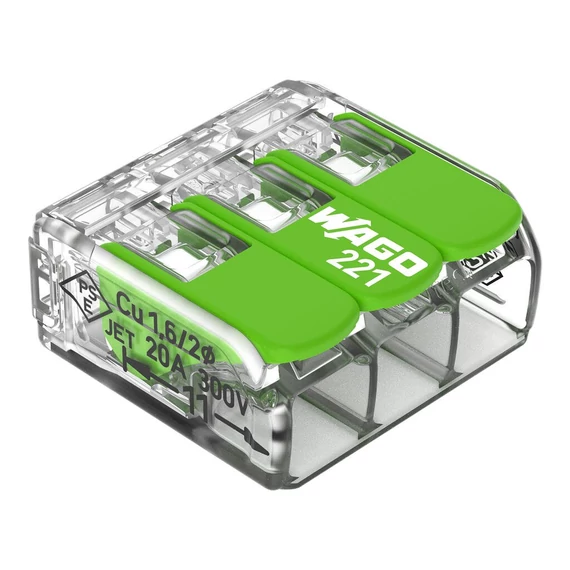 WAGO GREEN Vezeték összekötő 3x0.2-4mm2 minden vezetéktípushoz, karos, áttetsző (221-423)