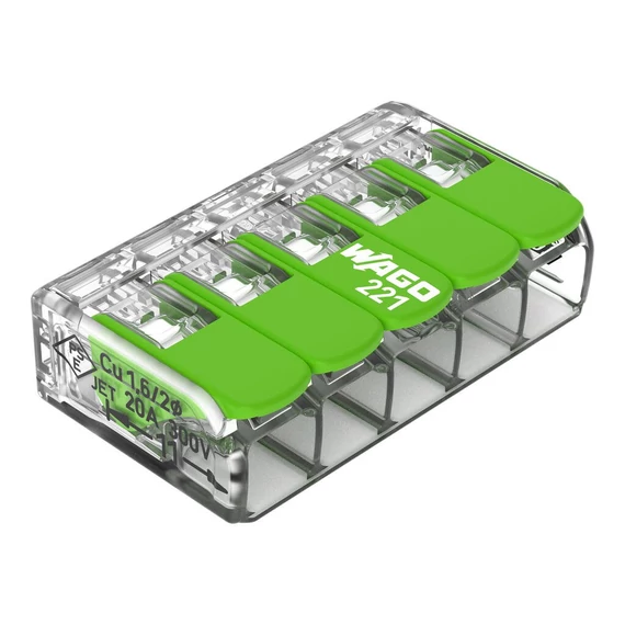 WAGO GREEN Vezeték összekötő 5x0.2-4mm2 minden vezetéktípushoz, karos, áttetsző (221-425)