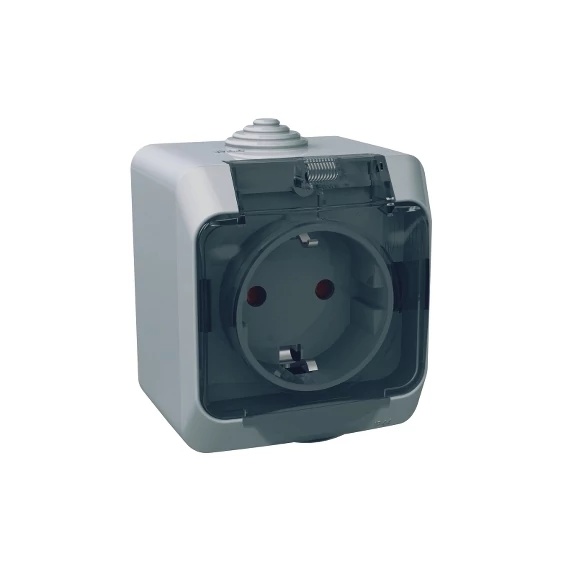 SCHNEIDER ELECTRIC CEDAR PLUS 2P+F csatlakozóaljzat, biztonsági zsaluval, átlátszó csapófedéllel, IP44, szürke (WDE000643)