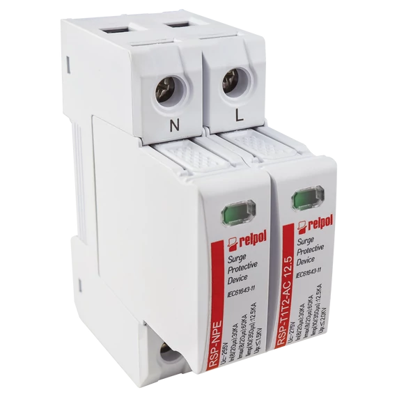 RELPOL RSP-T1T2-AC 12.5/1+NPE Túlfeszültség levezető AC T1, T2, Iim: 12,5kA (10/350), In: 30kA (8/20), Imax: 60kA, Uc: 255V, 1p+NPE (2617123)