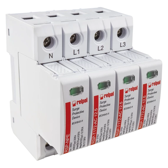 RELPOL RSP-T1T2-AC 12.5/3+NPE Túlfeszültség levezető AC T1, T2, Iim: 12,5kA (10/350), In: 30kA (8/20), Imax: 60kA, Uc: 255V, 3p+NPE (2617124)