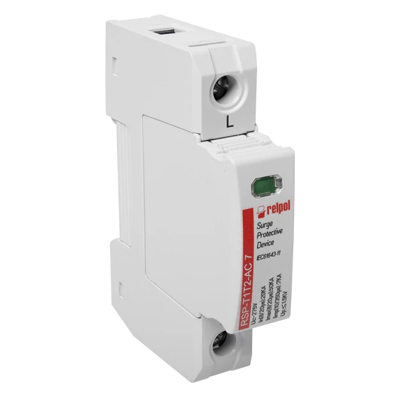 RELPOL RSP-T1T2-AC 7/1P Túlfeszültség levezető AC T1, T2, Iim: 7kA (10/350), In: 20kA (8/20), Imax: 50kA, Uc: 275V, 1p (2617125)