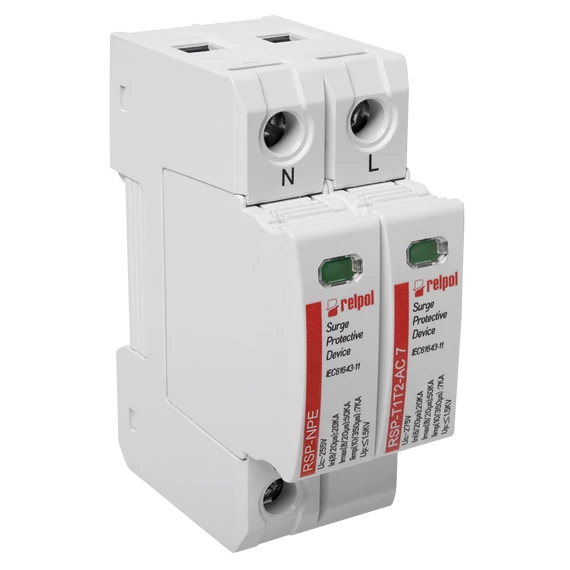 RELPOL RSP-T1T2-AC 7/1+NPE Túlfeszültség levezető AC T1, T2, Iim: 7kA (10/350), In: 20kA (8/20), Imax: 50kA, Uc: 255V, 1p+NPE (2617129)