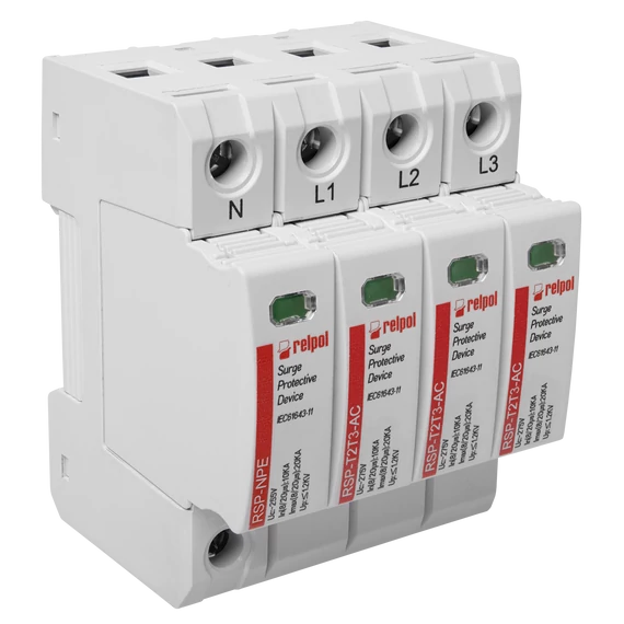 RELPOL RSP-T2T3-AC/3+NPE Túlfeszültség levezető AC T2, T3, In:10kA (8/20µs), Imax: 20kA, Uc:275-385V, 3p+NPE (2617142)