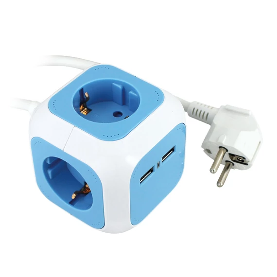 COMMEL Elosztó 4-dugaljas kocka (Cube) 4x2P+F 16A, 2xUSB 5V 2.1A 1,4m (234-161)