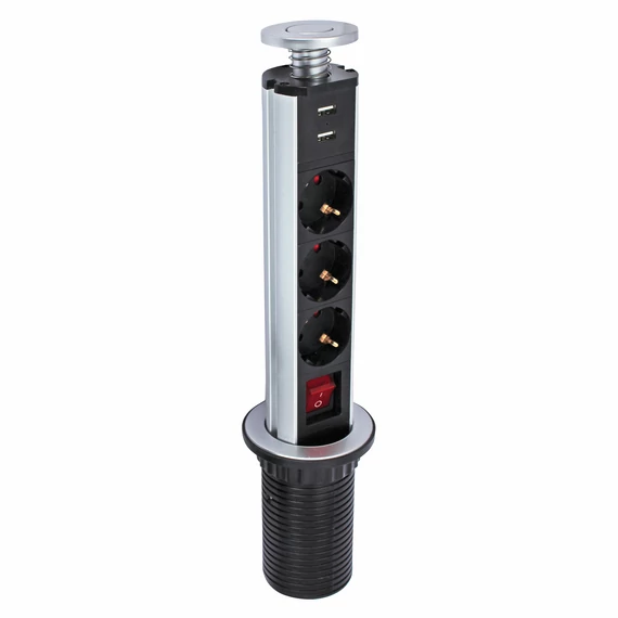 COMMEL Bútorba építhető elosztó 3x 16A 250 V~ 3500W, 2xUSB 5V 2.1 A, kapcsolós (234-181)