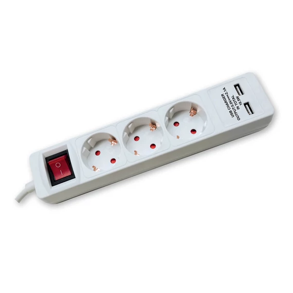 COMMEL Elosztó 3-dugaljas kapcs.+ 2xUSB, 16A 250V 3500W, fehér H05VV-F 3G1,5/3m (234-402)