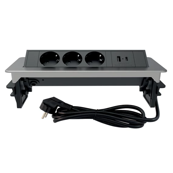 COMMEL Bútorba építhető elosztó 3x 16A 3680W, 1xUSB A+C, ezüst kerettel (235-101)