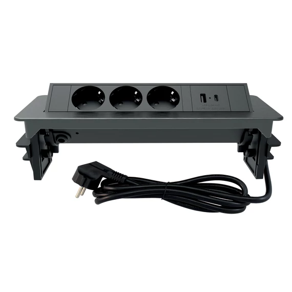 COMMEL Bútorba építhető elosztó 3x 16A 3680W, 1xUSB A+C, fekete kerettel (235-102)