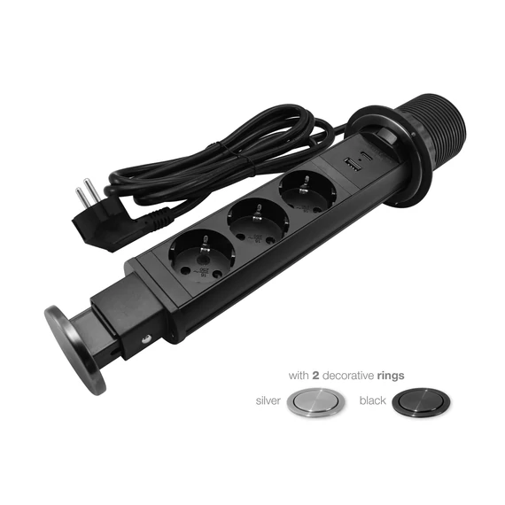 COMMEL Bútorba építhető elosztó 3x 16A 3680W, 1xUSB A+C, fekete+szürke gyűrű (235-121)