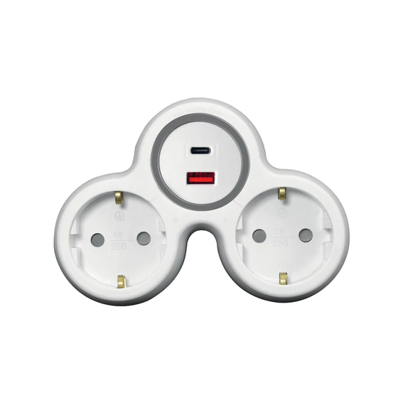 COMMEL Elosztó dugalj, 2x2P+F + 1xUSB-A + USB-C töltő, 16A 250V, fehér-szürke (240-802)