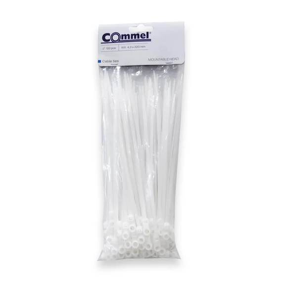 COMMEL Kábelkötegelő, rögzíthető fejjel, 4,3 x 220 mm fehér, 100db/cs (365-145)