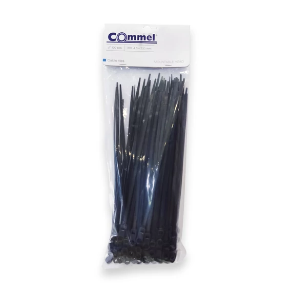 COMMEL Kábelkötegelő, rögzíthető fejjel, 4,3 x 220 mm fekete, 100db/cs (365-146)