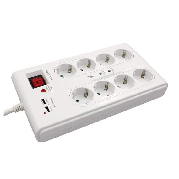 COMMEL Elosztó 8-dugaljas multi 16A,3500W túlfesz. + 2db USB H05VV-F 3G1,5/3m (380-107)