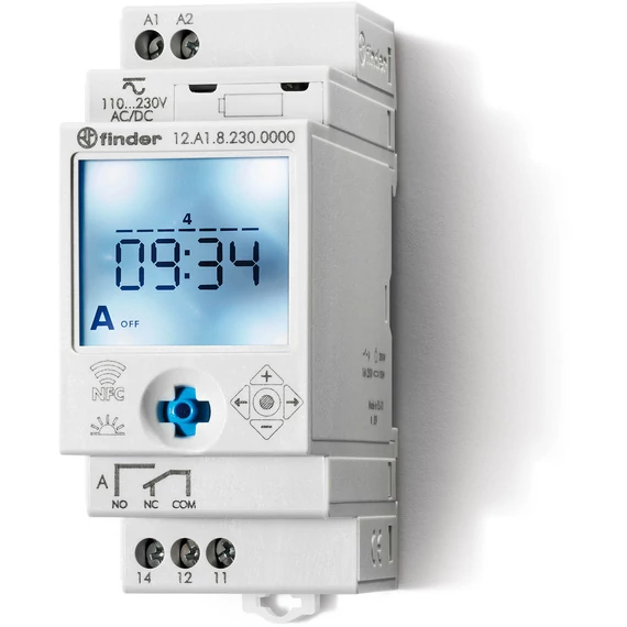 FINDER Asztronómiai kapcsolóóra, DIN-sínre, napi és heti, 230V, 1 váltóé., NFC, IP20 (12A182300000) (12.A1.8.230.0000)