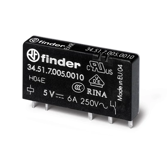 FINDER Ultravékony printrelé, NYÁK/dugasz, 1váltóérintkező, 6A, 5VDC, monostabil, IP20 (345170050010) (34.51.7.005.0010)