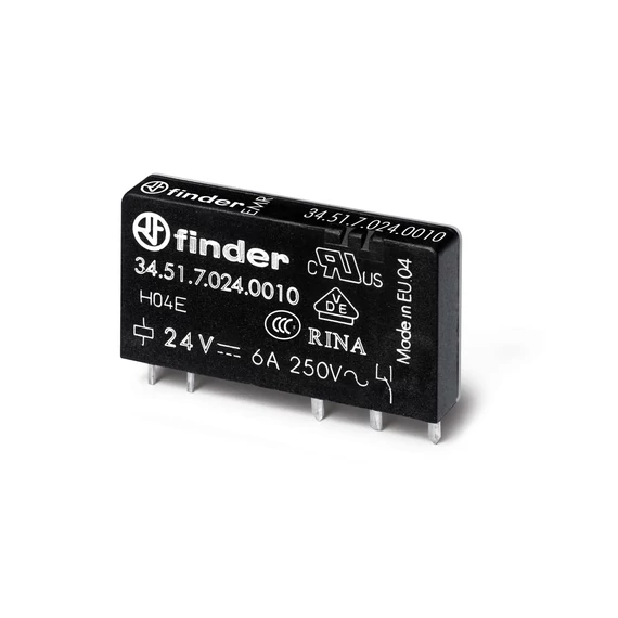 FINDER Ultravékony printrelé, NYÁK/dugasz, 1váltóérintkező, 6A, 24VDC, monostabil, IP20 (345170240010) (34.51.7.024.0010)