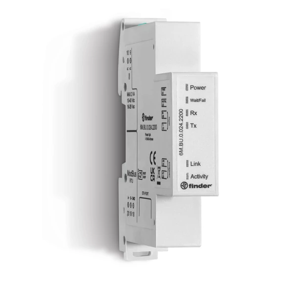 FINDER Modbus-Ethernet gateway, TCP/IP Modbus RTU-hoz, beépített web-szerver komm. felülettel, max. 200 Modbus készülék, max. 10 felh., 24V AC/DC (6MBU00242200) (6M.BU.0.024.2200)