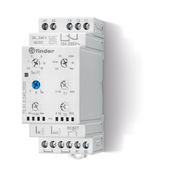 FINDER Áramfelügyeleti relé, 1 váltóérintkező 10 A, reset bemenet, tápfeszültség: (24…240)V AC/DC, max. felügyelt áram: 16 A (600 A) (705102402032) (70.51.0.240.2032)