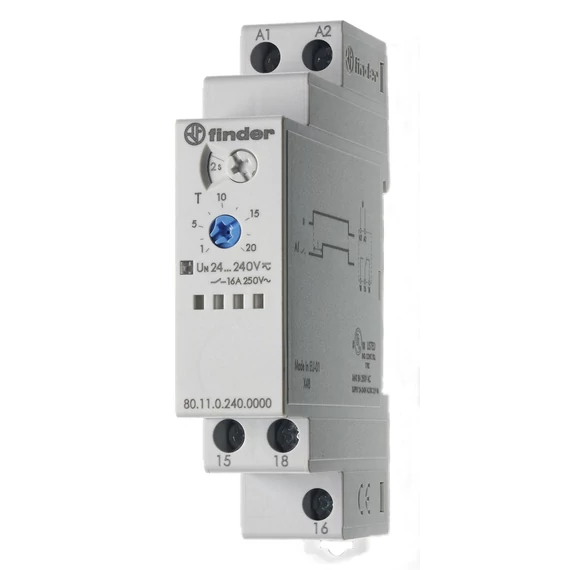 FINDER Meghúzás késlelt.időrelé, 16A, 24-240V/AC/DC, 0,1s-20h, moduláris (801102400000) (80.11.0.240.0000)