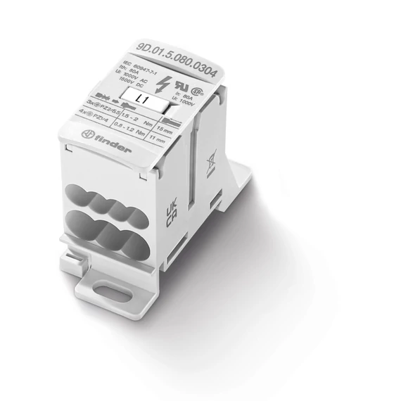 FINDER Fővezetéki leágazó kapocs, 3be/4ki, 16mm2, IP20, 1P, 80A, csavaros, 4csatl./<6mm2 (9D0150800304) (9D.01.5.080.0304)