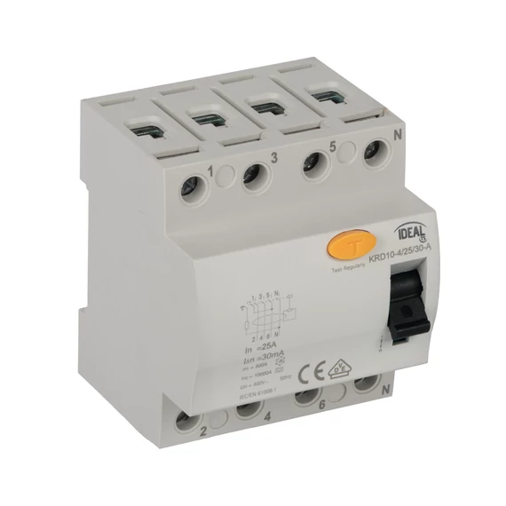 KANLUX KRD10-4/25/30-A Életvédelmi relé, 4P KRD10-4, 25A, 400V AC (fírelé) (38738)