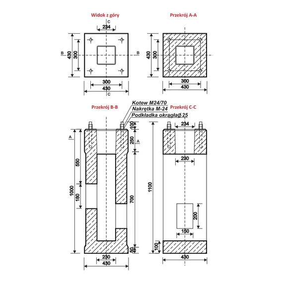 Beton alaptest Foundation FP2 100/43 4xM24/430x1000x300 mm, 250kg (SBS-F100/43)