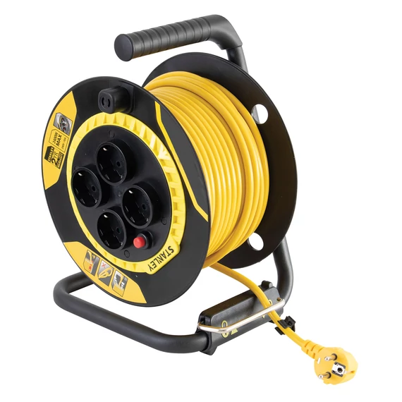 STANLEY beltéri kábeldob, 25 m, beépített kábelvezető, masszív fém láb és fogantyú, H05VV-F 3G1,5 mm2 kábel, max. 3000 W (SXECCL26BSE)
