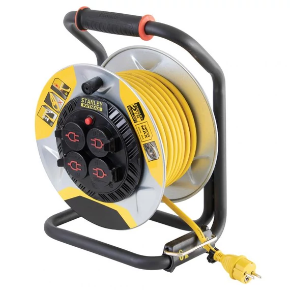 STANLEY kültéri fém kábeldob, 25 m, IP44-es védelem, kábelvezető, masszív fém dob és láb, H07RN-F 3G2,5 mm2 kábel, max. 3000 W (SXECCM2FESE)