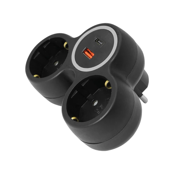 COMMEL Elosztó dugalj , 2x2P+F + 1x USB-C+USB-A töltő 16A 250V~, fekete (240-803)