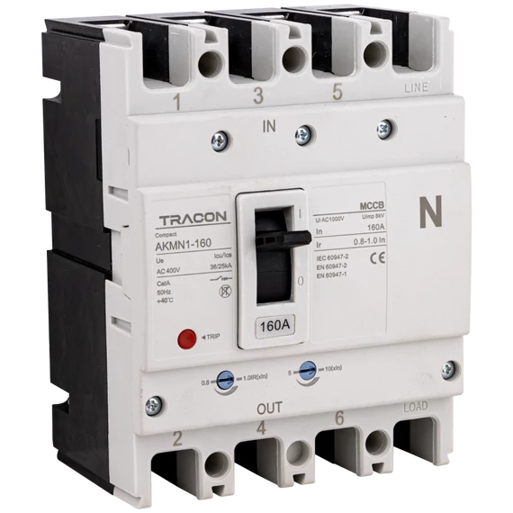 TRACON Kompakt megszakító, 4P, 160A, Ir=(0,8-1,0)In, 400/415V, 50/60Hz, Icu=36kA, Ics=25kA (AKMN1-160)