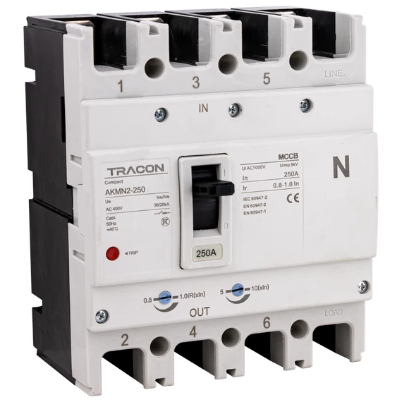 TRACON Kompakt megszakító, 4P, 250A, Ir=(0,8-1,0)In, 400/415V, 50/60Hz, Icu=36kA, Ics=25kA (AKMN2-250)
