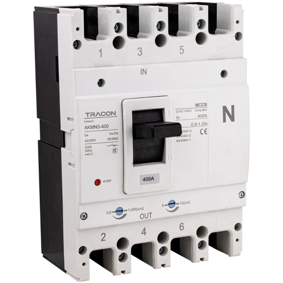 TRACON Kompakt megszakító, 4P, 400A, Ir=(0,8-1,0)In, 400/415V, 50/60Hz, Icu=50kA, Ics=35kA (AKMN3-400)