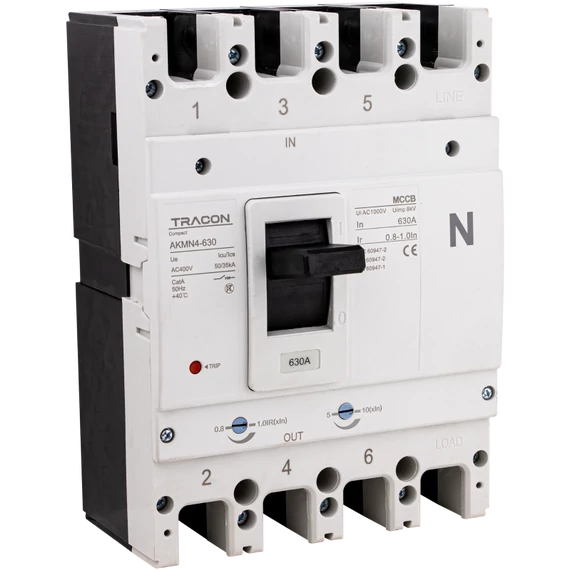 TRACON Kompakt megszakító, 4P, 630A, Ir=(0,8-1,0)In, 400/415V, 50/60Hz, Icu=50kA, Ics=35kA (AKMN4-630)