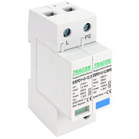 TRACON T1+T2 AC típusú túlfeszültséglevezető, cserélhető betéttel, Uc:275V; Iimp:12,5kA; In:20/40kA; Imax:50kA; Up:1,3kV; 1+1P (ESPD1+2-12.5-1+1P)