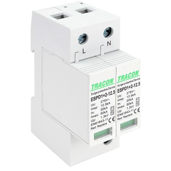 TRACON T1+T2 AC típusú túlfeszültséglevezető, cserélhető betéttel, Uc:275V; Iimp:12,5kA; In:20kA; Imax:50kA; Up:1,3kV; 2P (ESPD1+2-12.5-2P)