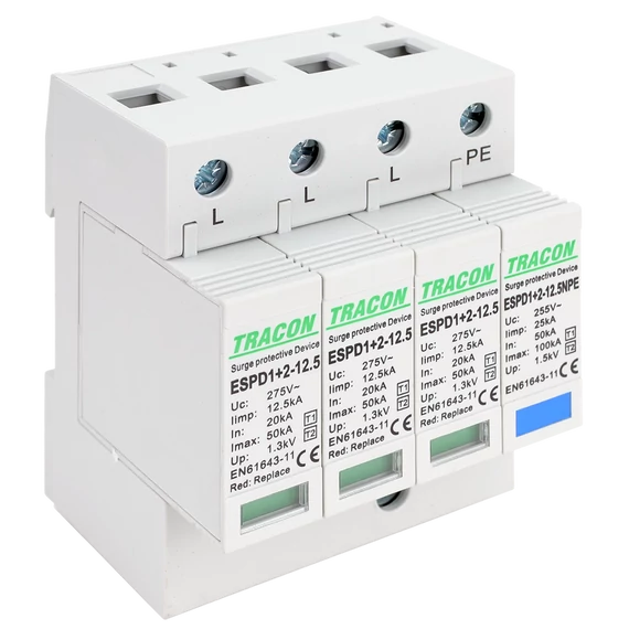 TRACON T1+T2 AC típusú túlfeszültséglevezető, cserélhető betéttel, Uc: 275V; Iimp: 12,5kA; In: 20/40kA; Imax: 50kA; Up: 1,3kV; 3 + 1P (ESPD1+2-12.5-3+1P)