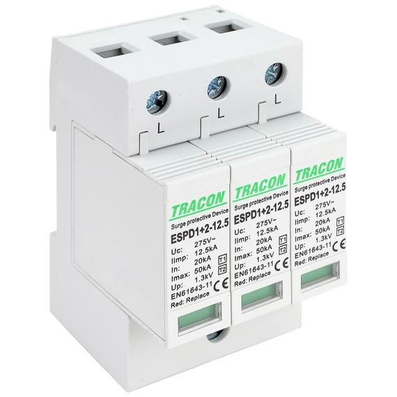 TRACON T1+T2 AC típusú túlfeszültséglevezető, cserélhető betéttel, Uc:275V; Iimp:12,5kA; In:20kA; Imax:50kA; Up:1,3kV; 3P (ESPD1+2-12.5-3P)